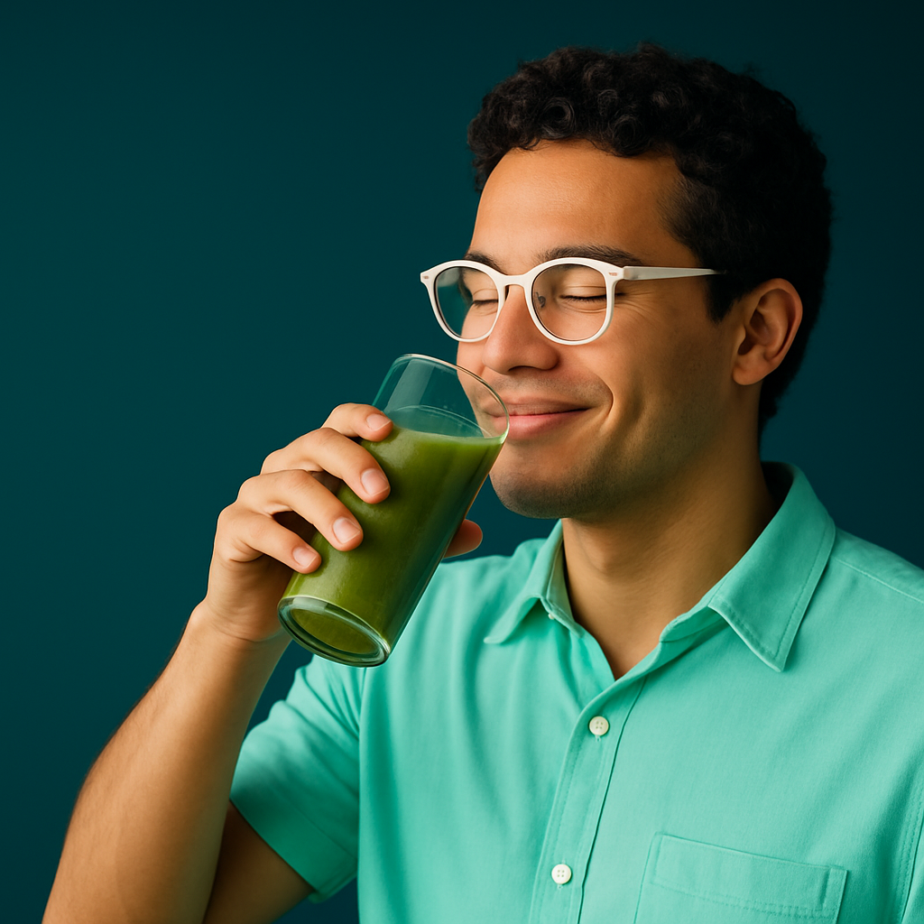 Joven bebiendo jugo verde sin azúcar en fondo degradado teal