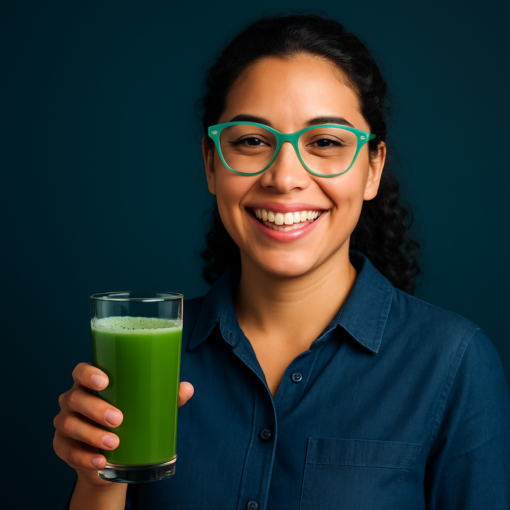 Joven latina sonriente con gafas color menta sosteniendo un vaso de jugo verde sin azúcar sobre fondo teal oscuro